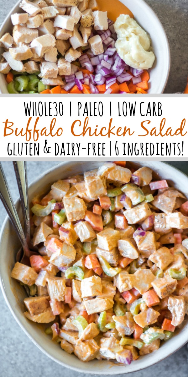 This healthy and easy buffalo chicken salad only takes a few simple ingredients, and is Whole30, paleo, low carb and gluten-free. It's got the perfect buffalo tang, while still being creamy and delicious! This recipe makes the perfect meal prep recipe, done in under 30 minutes, and that can be turned into many meals and enjoyed over greens, in wraps or straight out of the bowl. #whole30recipes #whole30chickenrecipes #ketochickenrecipes #chickensalad #buffalochicken #paleochickenrecipes #whole30mealprep
