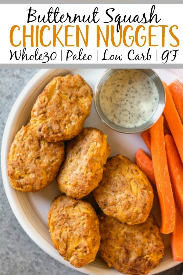 These easy butternut squash chicken nuggets are a healthy, Whole30 and gluten-free alternative to traditional nuggets. This recipe is a great way to sneak vegetables in, and are totally kid and family friendly, and paleo and low carb, too. With only a few ingredients, they're also quick to make for a weeknight meal or meal prep! #whole30recipes #whole30chicken #paleorecipes #paleochickenrecipes #lowcarb #keto #chickennuggets #glutenfreechicken #dinnerrecipes