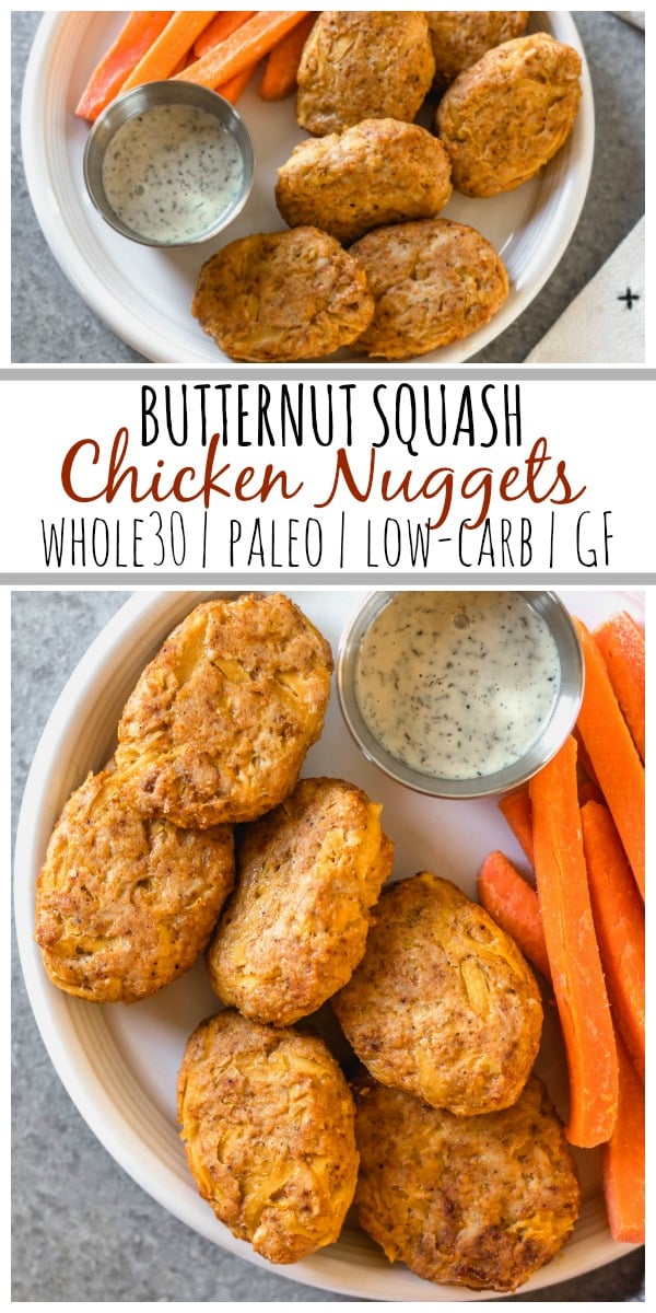 These easy butternut squash chicken nuggets are a healthy, Whole30 and gluten-free alternative to traditional nuggets. This recipe is a great way to sneak vegetables in, and are totally kid and family friendly, and paleo and low carb, too. With only a few ingredients, they're also quick to make for a weeknight meal or meal prep! #whole30recipes #whole30chicken #paleorecipes #paleochickenrecipes #lowcarb #keto #chickennuggets #glutenfreechicken #dinnerrecipes