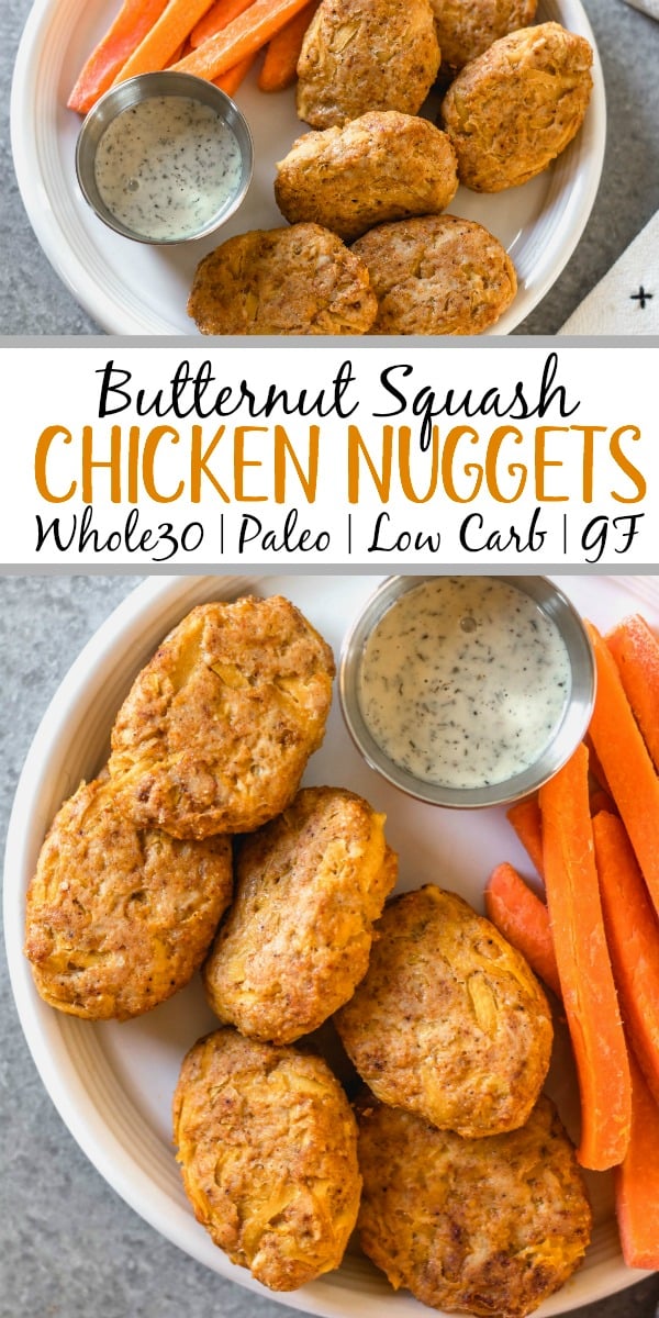 These easy butternut squash chicken nuggets are a healthy, Whole30 and gluten-free alternative to traditional nuggets. This recipe is a great way to sneak vegetables in, and are totally kid and family friendly, and paleo and low carb, too. With only a few ingredients, they're also quick to make for a weeknight meal or meal prep! #whole30recipes #whole30chicken #paleorecipes #paleochickenrecipes #lowcarb #keto #chickennuggets #glutenfreechicken #dinnerrecipes