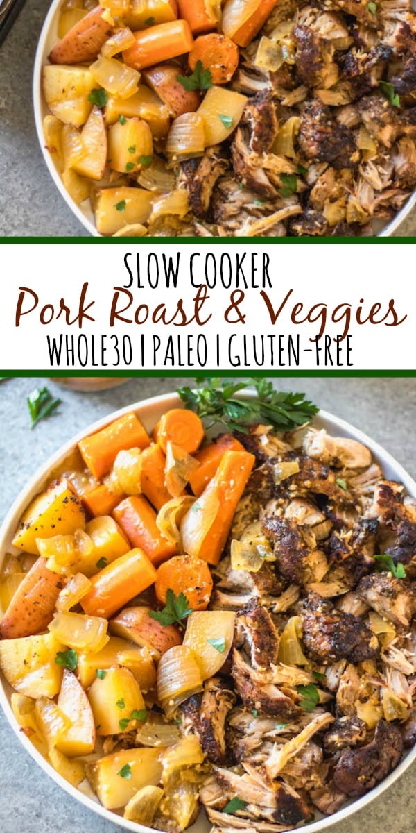 This easy and tender pork roast only takes a few ingredients and lets the slow cooker do the work for you! It's a healthy family friendly recipe for dinner or meal prep, and is Whole30, paleo and gluten-free. The delicious vegetables, plus the gravy, are all made in right in the crock pot with the pork shoulder, so this hearty and comforting dinner is completely ready when you are! #whole30recipes #whole30slowcooker #whole30pork #paleo #slowcookerpork #glutenfree #winterrecipes #porkrecipes