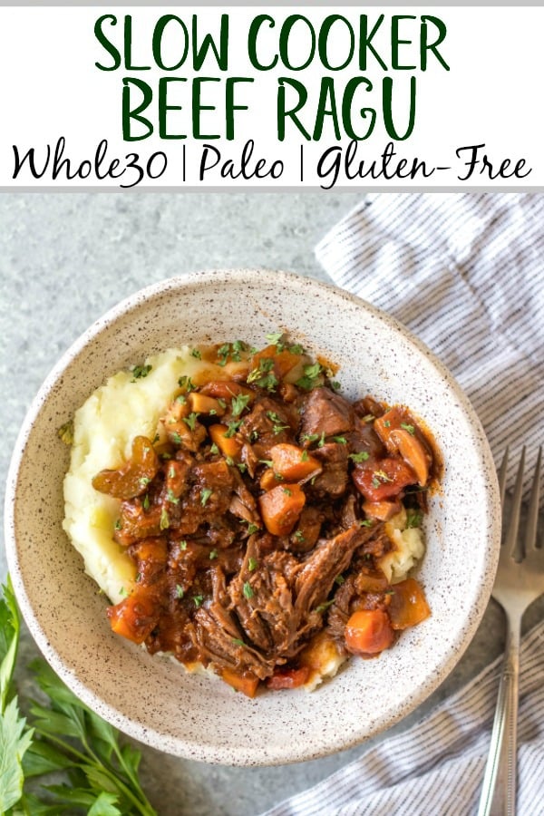 This slow cooker beef ragu is the perfect cozy and hearty weeknight meal or meal prep recipe that's not only Whole30, paleo, and gluten-free, but it is incredibly delicious. It's loaded with vegetables, easy to prepare and takes almost no hands-on cooking time thanks to the crock pot. It also freezes really well! This is sure to be a family favorite, and a go-to recipe when you need a quick meal to be ready for dinner. #whole30slowcooker #whole30recipes #paleoslowcooker #slowcookerbeefragu #whole30beef #bestwhole30recipes #whole30weeknight