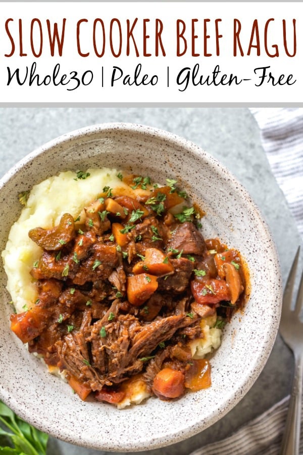 This slow cooker beef ragu is the perfect cozy and hearty weeknight meal or meal prep recipe that's not only Whole30, paleo, and gluten-free, but it is incredibly delicious. It's loaded with vegetables, easy to prepare and takes almost no hands-on cooking time thanks to the crock pot. It also freezes really well! This is sure to be a family favorite, and a go-to recipe when you need a quick meal to be ready for dinner. #whole30slowcooker #whole30recipes #paleoslowcooker #slowcookerbeefragu #whole30beef #bestwhole30recipes #whole30weeknight