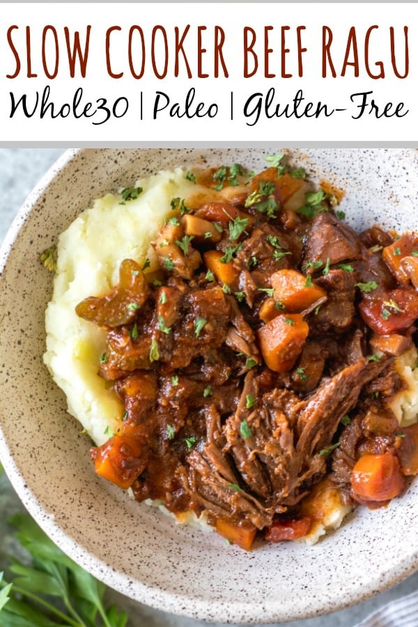 This slow cooker beef ragu is the perfect cozy and hearty weeknight meal or meal prep recipe that's not only Whole30, paleo, and gluten-free, but it is incredibly delicious. It's loaded with vegetables, easy to prepare and takes almost no hands-on cooking time thanks to the crock pot. It also freezes really well! This is sure to be a family favorite, and a go-to recipe when you need a quick meal to be ready for dinner. #whole30slowcooker #whole30recipes #paleoslowcooker #slowcookerbeefragu #whole30beef #bestwhole30recipes #whole30weeknight