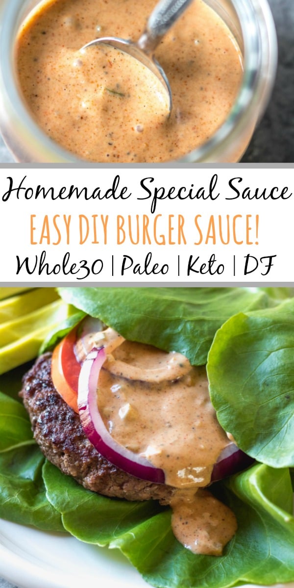 Special sauce, burger sauce, secret sauce.. Whatever you call this condiment, this is the healthy, sugar-free, Whole30 version you need! Making this DIY is so simple and easy, only requires a few ingredients, and is a great flavor addition to any dinner or meal prep. This homemade sauce is also gluten-free and dairy-free, low carb, and paleo! #whole30sauce #ketosauce #whole30recipes #homemadeburgersauce #whole30sauces #whole30recipes #paleorecipes