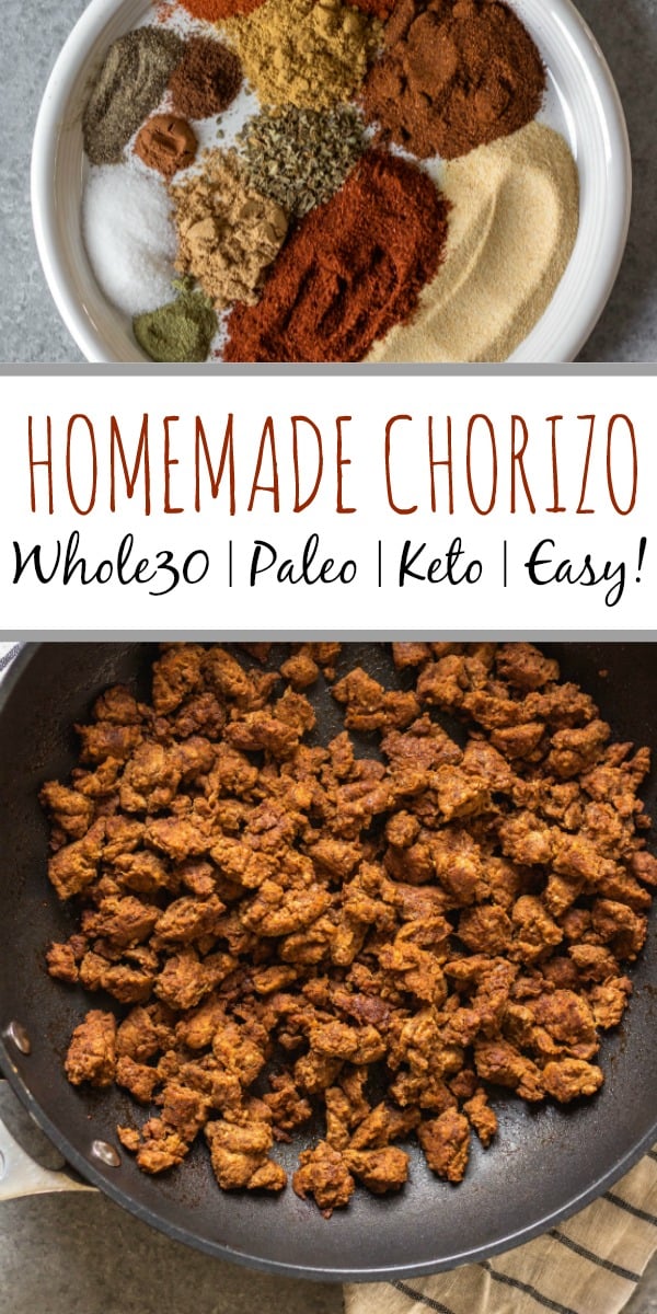 No need to search around for sugar free ground chorizo! Making your own Whole30, paleo and low carb chorizo using ground pork and some spices couldn't be more easy or quick! With only a few simple ingredients, this homemade chorizo is perfect for fast meals from dinner to breakfast, meal prep, and your budget! #homemadechorizo #sugarfreechorizo #DIYchorizo #groundchorizo #chorizorecipes #whole30chorizo #whole30porkrecipes #whole30chorizorecipes