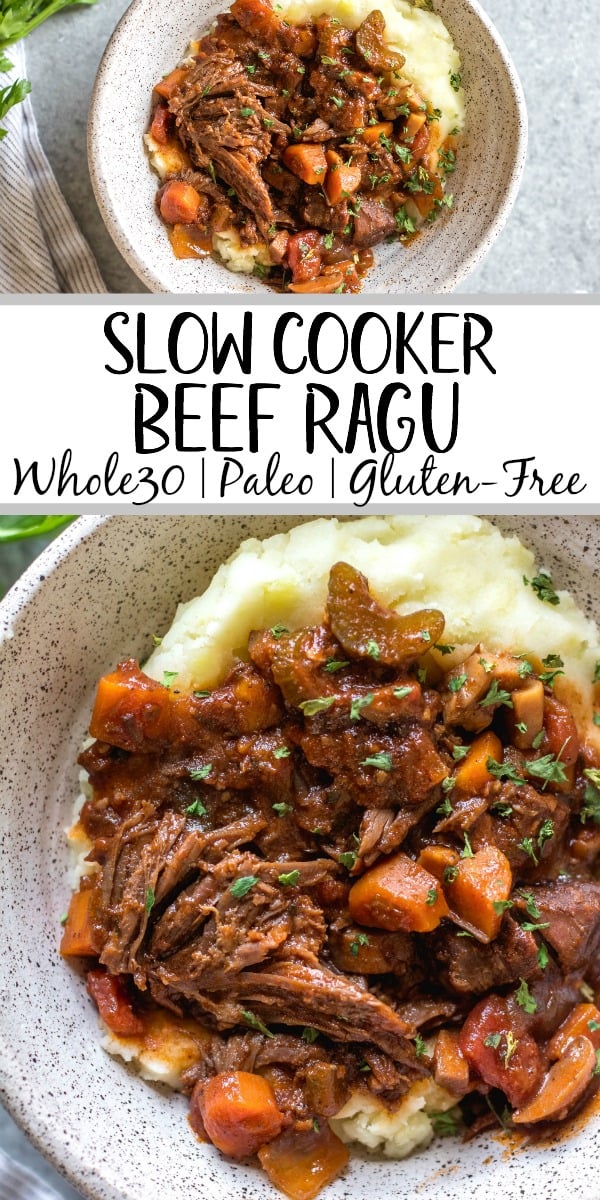 This slow cooker beef ragu is the perfect cozy and hearty weeknight meal or meal prep recipe that's not only Whole30, paleo, and gluten-free, but it is incredibly delicious. It's loaded with vegetables, easy to prepare and takes almost no hands-on cooking time thanks to the crock pot. It also freezes really well! This is sure to be a family favorite, and a go-to recipe when you need a quick meal to be ready for dinner. #whole30slowcooker #whole30recipes #paleoslowcooker #slowcookerbeefragu #whole30beef #bestwhole30recipes #whole30weeknight