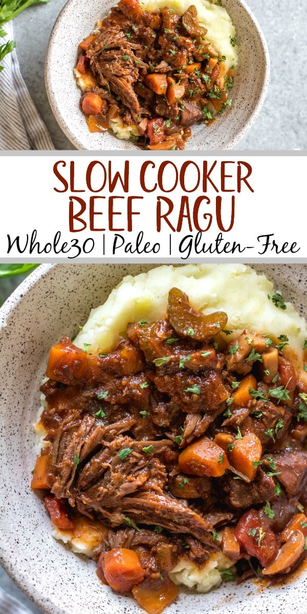 This slow cooker beef ragu is the perfect cozy and hearty weeknight meal or meal prep recipe that's not only Whole30, paleo, and gluten-free, but it is incredibly delicious. It's loaded with vegetables, easy to prepare and takes almost no hands-on cooking time thanks to the crock pot. It also freezes really well! This is sure to be a family favorite, and a go-to recipe when you need a quick meal to be ready for dinner. #whole30slowcooker #whole30recipes #paleoslowcooker #slowcookerbeefragu #whole30beef #bestwhole30recipes #whole30weeknight