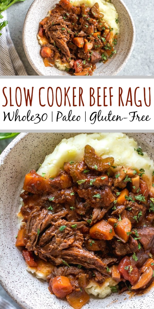 This slow cooker beef ragu is the perfect cozy and hearty weeknight meal or meal prep recipe that's not only Whole30, paleo, and gluten-free, but it is incredibly delicious. It's loaded with vegetables, easy to prepare and takes almost no hands-on cooking time thanks to the crock pot. It also freezes really well! This is sure to be a family favorite, and a go-to recipe when you need a quick meal to be ready for dinner. #whole30slowcooker #whole30recipes #paleoslowcooker #slowcookerbeefragu #whole30beef #bestwhole30recipes #whole30weeknight