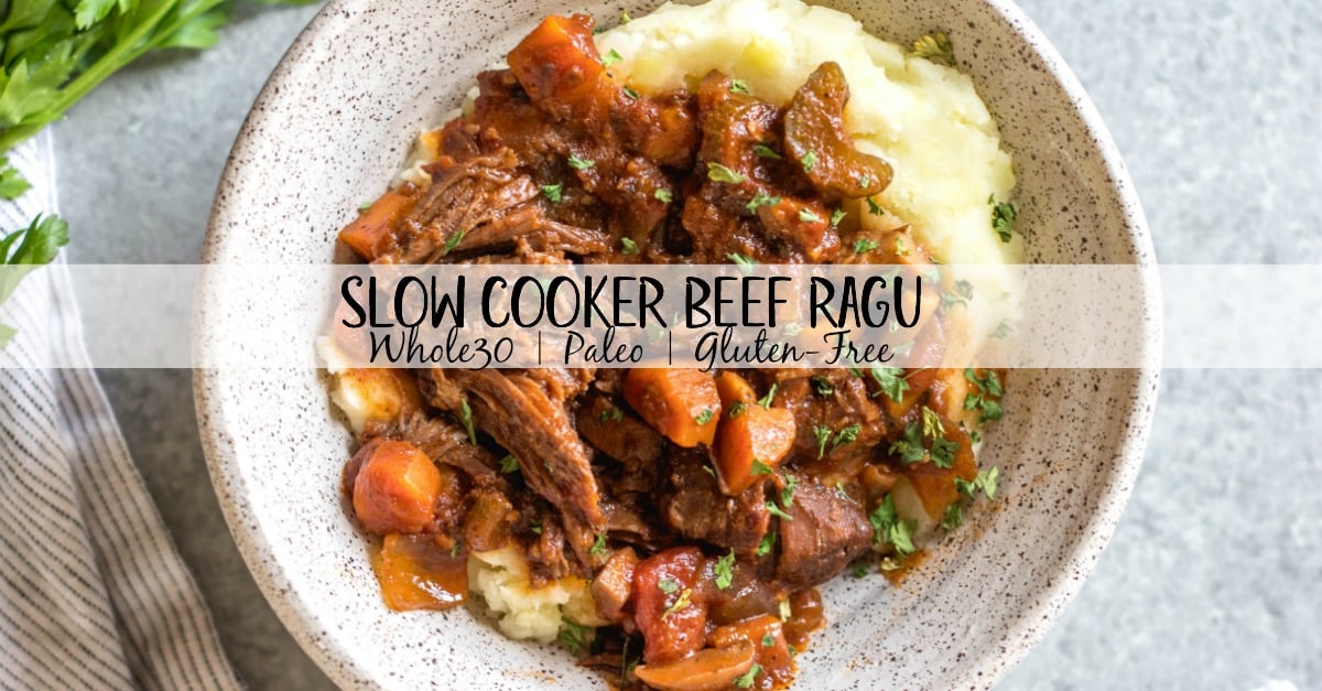 This slow cooker beef ragu is the perfect cozy and hearty weeknight meal or meal prep recipe that's not only Whole30, paleo, and gluten-free, but it is incredibly delicious. It's loaded with vegetables, easy to prepare and takes almost no hands-on cooking time thanks to the crock pot. It also freezes really well! This is sure to be a family favorite, and a go-to recipe when you need a quick meal to be ready for dinner. #whole30slowcooker #whole30recipes #paleoslowcooker #slowcookerbeefragu #whole30beef #bestwhole30recipes #whole30weeknight