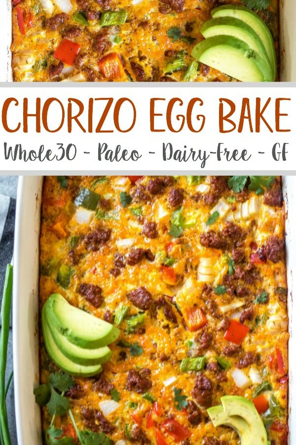 This Whole30 chorizo egg bake is a really simple yet delicious breakfast casserole that is paleo, gluten-free and dairy-free. It can easily be made low carb, and is freezer friendly, too! It doesn't take long to prepare, and is a healthy and easy way to spice up your breakfast routine or meal prep. Packed with vegetables like peppers and hash browns, this is a filling meal that you'll look forward to! #whole30breakfast #whole30casserole #chorizorecipes #whole30pork #whole30mealprep #glutenfreebreakfast