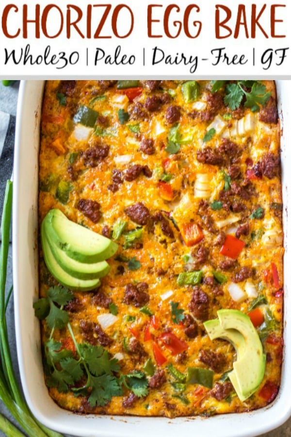 This Whole30 chorizo egg bake is a really simple yet delicious breakfast casserole that is paleo, gluten-free and dairy-free. It can easily be made low carb, and is freezer friendly, too! It doesn't take long to prepare, and is a healthy and easy way to spice up your breakfast routine or meal prep. Packed with vegetables like peppers and hash browns, this is a filling meal that you'll look forward to! #whole30breakfast #whole30casserole #chorizorecipes #whole30pork #whole30mealprep #glutenfreebreakfast