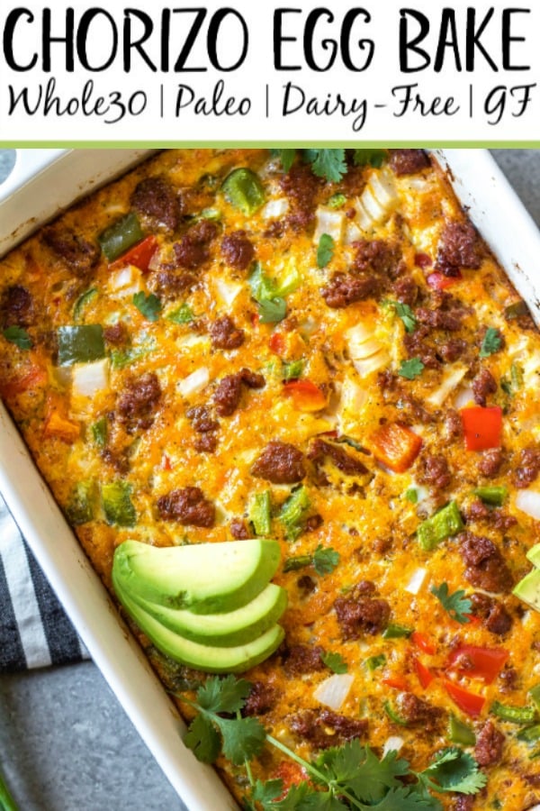 This Whole30 chorizo egg bake is a really simple yet delicious breakfast casserole that is paleo, gluten-free and dairy-free. It can easily be made low carb, and is freezer friendly, too! It doesn't take long to prepare, and is a healthy and easy way to spice up your breakfast routine or meal prep. Packed with vegetables like peppers and hash browns, this is a filling meal that you'll look forward to! #whole30breakfast #whole30casserole #chorizorecipes #whole30pork #whole30mealprep #glutenfreebreakfast