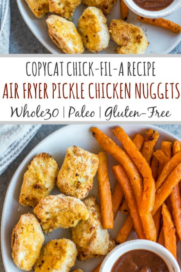 These Whole30 copycat Chick-fil-A chicken nuggets are such a great easy weeknight meal or family friendly go-to recipe for lunch or dinner. They're paleo, low carb, and made with simple ingredients, making them a healthier option than the drive through! These nuggets use pickle brined chicken pieces, then coated in a grain-and gluten-free mixture and cooked in the air fryer to perfection. #whole30airfryer #whole30chickennuggets #chickfilanuggets #glutenfreeairfryer #paleoairfryer #whole30chickenrecipes