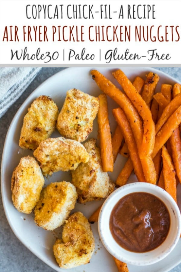 These Whole30 copycat Chick-fil-A chicken nuggets are such a great easy weeknight meal or family friendly go-to recipe for lunch or dinner. They're paleo, low carb, and made with simple ingredients, making them a healthier option than the drive through! These nuggets use pickle brined chicken pieces, then coated in a grain-and gluten-free mixture and cooked in the air fryer to perfection. #whole30airfryer #whole30chickennuggets #chickfilanuggets #glutenfreeairfryer #paleoairfryer #whole30chickenrecipes