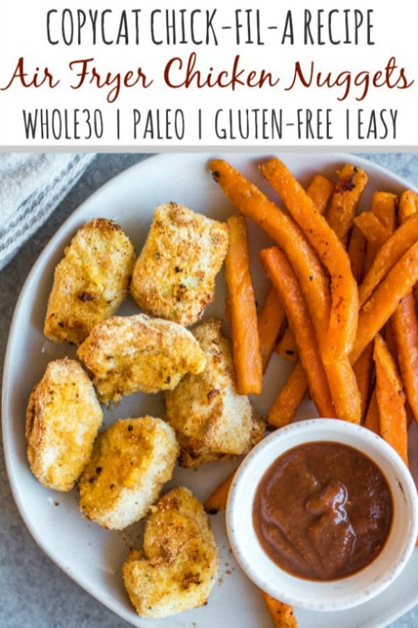 These Whole30 copycat Chick-fil-A chicken nuggets are such a great easy weeknight meal or family friendly go-to recipe for lunch or dinner. They're paleo, low carb, and made with simple ingredients, making them a healthier option than the drive through! These nuggets use pickle brined chicken pieces, then coated in a grain-and gluten-free mixture and cooked in the air fryer to perfection. #whole30airfryer #whole30chickennuggets #chickfilanuggets #glutenfreeairfryer #paleoairfryer #whole30chickenrecipes