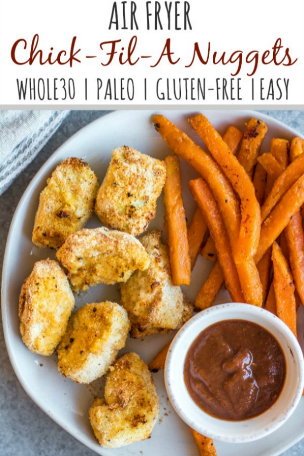 These Whole30 copycat Chick-fil-A chicken nuggets are such a great easy weeknight meal or family friendly go-to recipe for lunch or dinner. They're paleo, low carb, and made with simple ingredients, making them a healthier option than the drive through! These nuggets use pickle brined chicken pieces, then coated in a grain-and gluten-free mixture and cooked in the air fryer to perfection. #whole30airfryer #whole30chickennuggets #chickfilanuggets #glutenfreeairfryer #paleoairfryer #whole30chickenrecipes