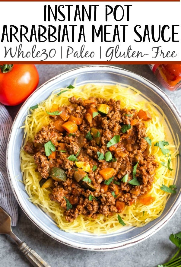 This Whole30 arrabbiata meat sauce with vegetables is made in the instant pot, so everything is cooked in one pot! Made with ground beef and with lots of vegetables snuck in, it's a hearty, cozy and healthy recipe that's great for meal prep. It's also gluten-free, Paleo and low carb/keto. This meat sauce is full of flavor and we love that it's freezer friendly, too. #whole30instantpot #whole30beefrecipes #whole30meatsauce #groundbeefrecipes #paleobeef This Whole30 arrabbiata meat sauce with vegetables is made in the instant pot, so everything is cooked in one pot! Made with ground beef and with lots of vegetables snuck in, it's a hearty, cozy and healthy recipe that's great for meal prep. It's also gluten-free, Paleo and low carb/keto. This meat sauce is full of flavor and we love that it's freezer friendly, too. #whole30instantpot #whole30beefrecipes #whole30meatsauce #groundbeefrecipes #paleobeef