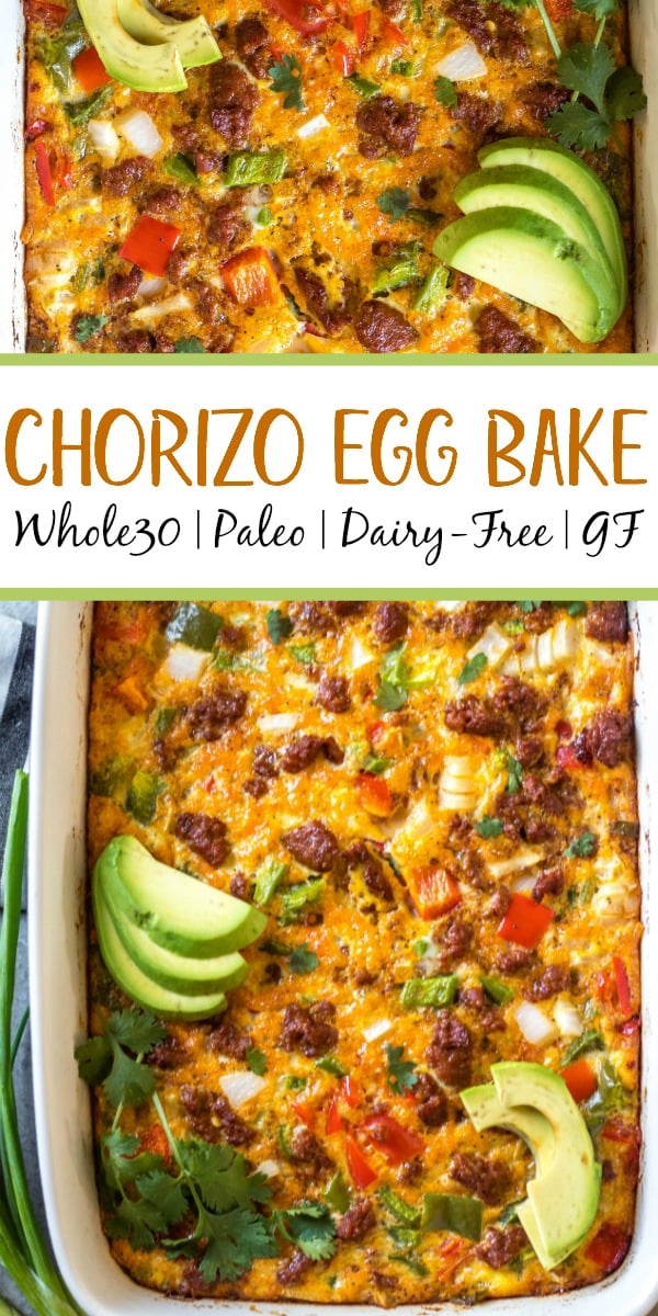 This Whole30 chorizo egg bake is a really simple yet delicious breakfast casserole that is paleo, gluten-free and dairy-free. It can easily be made low carb, and is freezer friendly, too! It doesn't take long to prepare, and is a healthy and easy way to spice up your breakfast routine or meal prep. Packed with vegetables like peppers and hash browns, this is a filling meal that you'll look forward to! #whole30breakfast #whole30casserole #chorizorecipes #whole30pork #whole30mealprep #glutenfreebreakfast