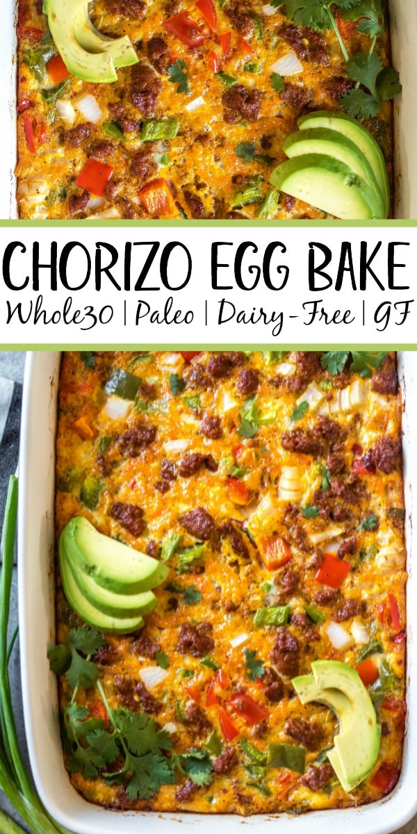 This Whole30 chorizo egg bake is a really simple yet delicious breakfast casserole that is paleo, gluten-free and dairy-free. It can easily be made low carb, and is freezer friendly, too! It doesn't take long to prepare, and is a healthy and easy way to spice up your breakfast routine or meal prep. Packed with vegetables like peppers and hash browns, this is a filling meal that you'll look forward to! #whole30breakfast #whole30casserole #chorizorecipes #whole30pork #whole30mealprep #glutenfreebreakfast