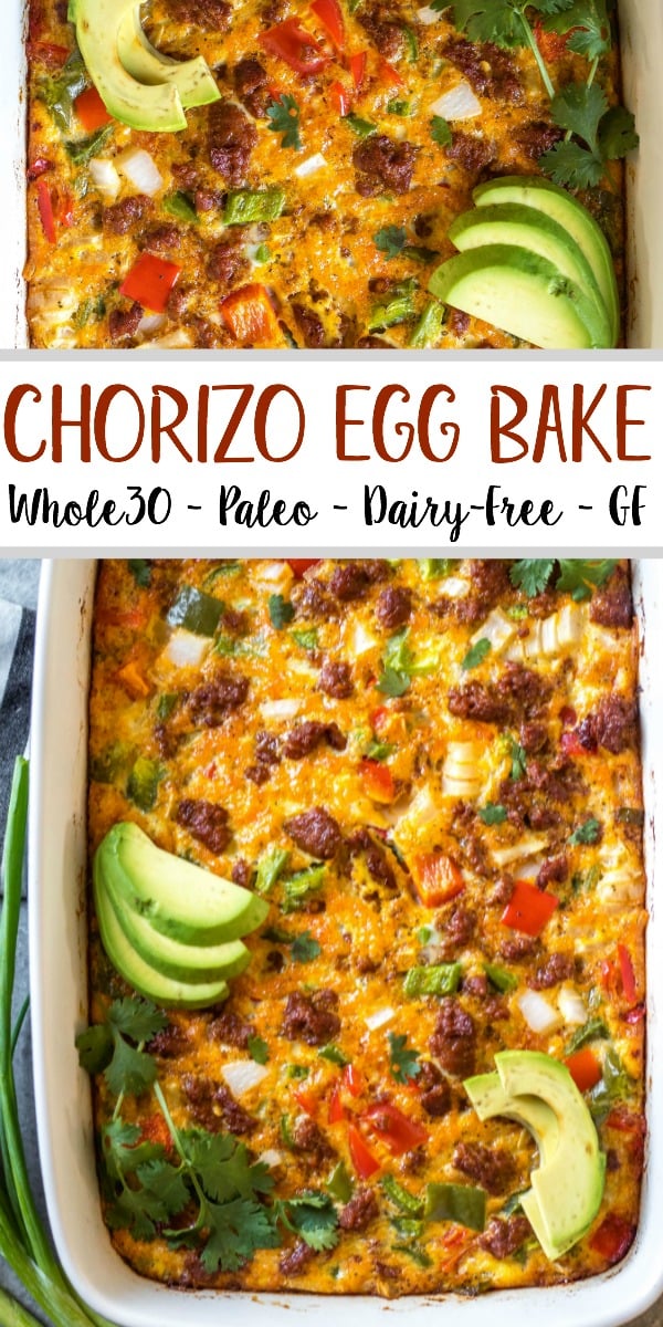 This Whole30 chorizo egg bake is a really simple yet delicious breakfast casserole that is paleo, gluten-free and dairy-free. It can easily be made low carb, and is freezer friendly, too! It doesn't take long to prepare, and is a healthy and easy way to spice up your breakfast routine or meal prep. Packed with vegetables like peppers and hash browns, this is a filling meal that you'll look forward to! #whole30breakfast #whole30casserole #chorizorecipes #whole30pork #whole30mealprep #glutenfreebreakfast