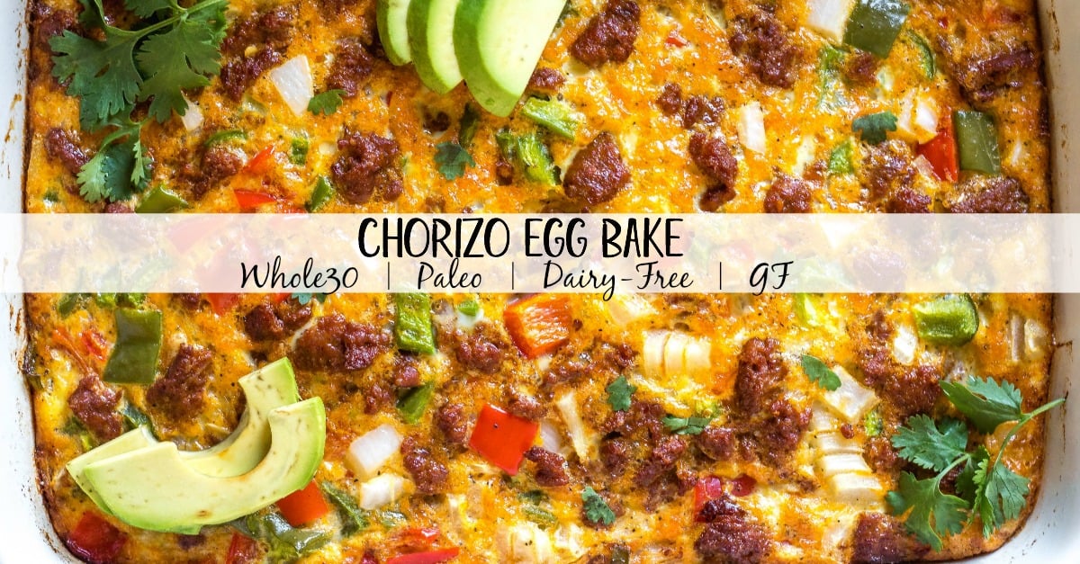 This Whole30 chorizo egg bake is a really simple yet delicious breakfast casserole that is paleo, gluten-free and dairy-free. It can easily be made low carb, and is freezer friendly, too! It doesn't take long to prepare, and is a healthy and easy way to spice up your breakfast routine or meal prep. Packed with vegetables like peppers and hash browns, this is a filling meal that you'll look forward to! #whole30breakfast #whole30casserole #chorizorecipes #whole30pork #whole30mealprep #glutenfreebreakfast