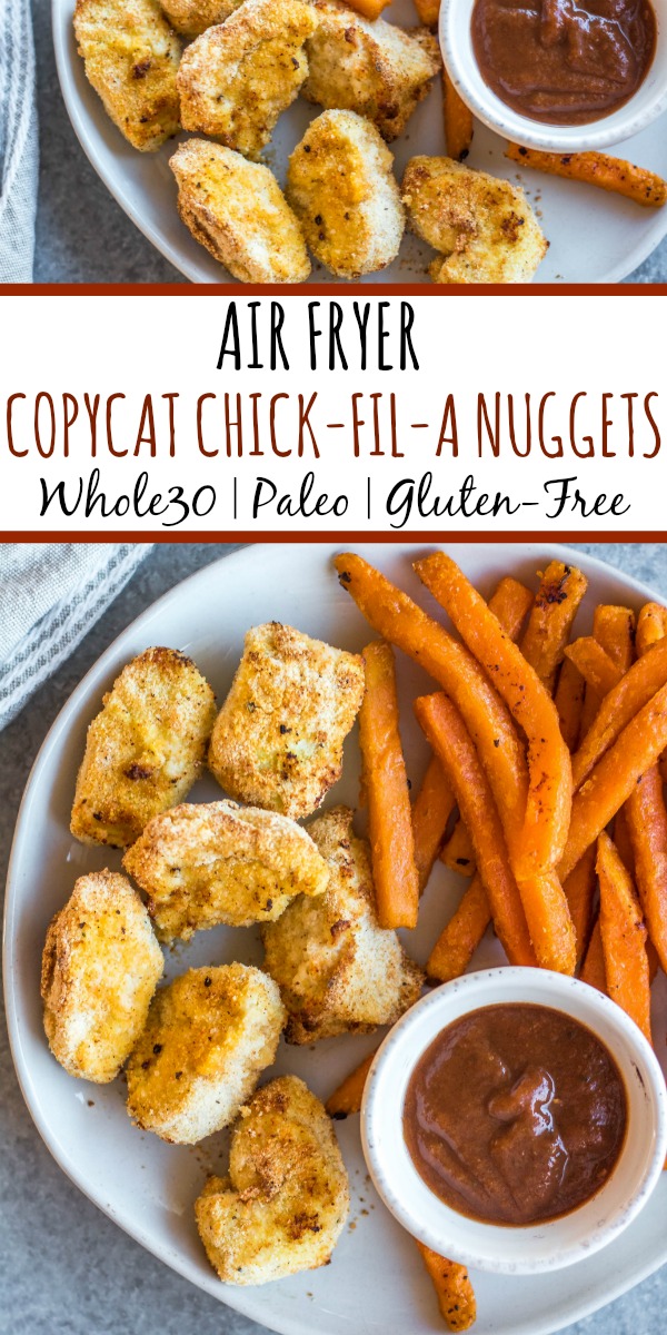 These Whole30 copycat Chick-fil-A chicken nuggets are such a great easy weeknight meal or family friendly go-to recipe for lunch or dinner. They're paleo, low carb, and made with simple ingredients, making them a healthier option than the drive through! These nuggets use pickle brined chicken pieces, then coated in a grain-and gluten-free mixture and cooked in the air fryer to perfection. #whole30airfryer #whole30chickennuggets #chickfilanuggets #glutenfreeairfryer #paleoairfryer #whole30chickenrecipes