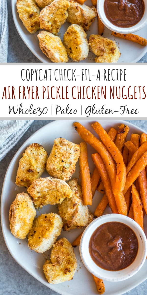These Whole30 copycat Chick-fil-A chicken nuggets are such a great easy weeknight meal or family friendly go-to recipe for lunch or dinner. They're paleo, low carb, and made with simple ingredients, making them a healthier option than the drive through! These nuggets use pickle brined chicken pieces, then coated in a grain-and gluten-free mixture and cooked in the air fryer to perfection. #whole30airfryer #whole30chickennuggets #chickfilanuggets #glutenfreeairfryer #paleoairfryer #whole30chickenrecipes