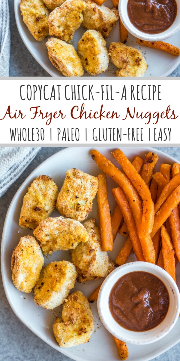 These Whole30 copycat Chick-fil-A chicken nuggets are such a great easy weeknight meal or family friendly go-to recipe for lunch or dinner. They're paleo, low carb, and made with simple ingredients, making them a healthier option than the drive through! These nuggets use pickle brined chicken pieces, then coated in a grain-and gluten-free mixture and cooked in the air fryer to perfection. #whole30airfryer #whole30chickennuggets #chickfilanuggets #glutenfreeairfryer #paleoairfryer #whole30chickenrecipes