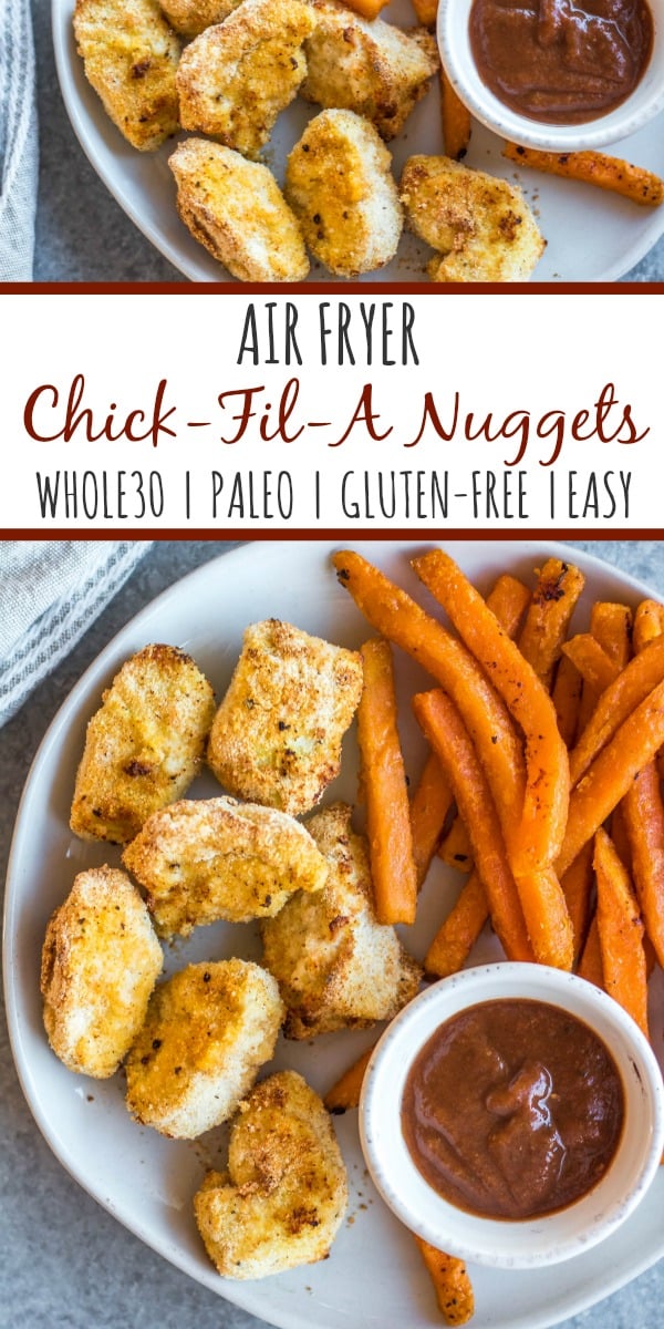 These Whole30 copycat Chick-fil-A chicken nuggets are such a great easy weeknight meal or family friendly go-to recipe for lunch or dinner. They're paleo, low carb, and made with simple ingredients, making them a healthier option than the drive through! These nuggets use pickle brined chicken pieces, then coated in a grain-and gluten-free mixture and cooked in the air fryer to perfection. #whole30airfryer #whole30chickennuggets #chickfilanuggets #glutenfreeairfryer #paleoairfryer #whole30chickenrecipes