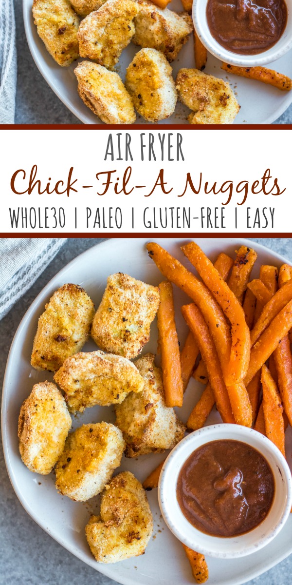 These Whole30 copycat Chick-fil-A chicken nuggets are such a great easy weeknight meal or family friendly go-to recipe for lunch or dinner. They're paleo, low carb, and made with simple ingredients, making them a healthier option than the drive through! These nuggets use pickle brined chicken pieces, then coated in a grain-and gluten-free mixture and cooked in the air fryer to perfection. #whole30airfryer #whole30chickennuggets #chickfilanuggets #glutenfreeairfryer #paleoairfryer #whole30chickenrecipes