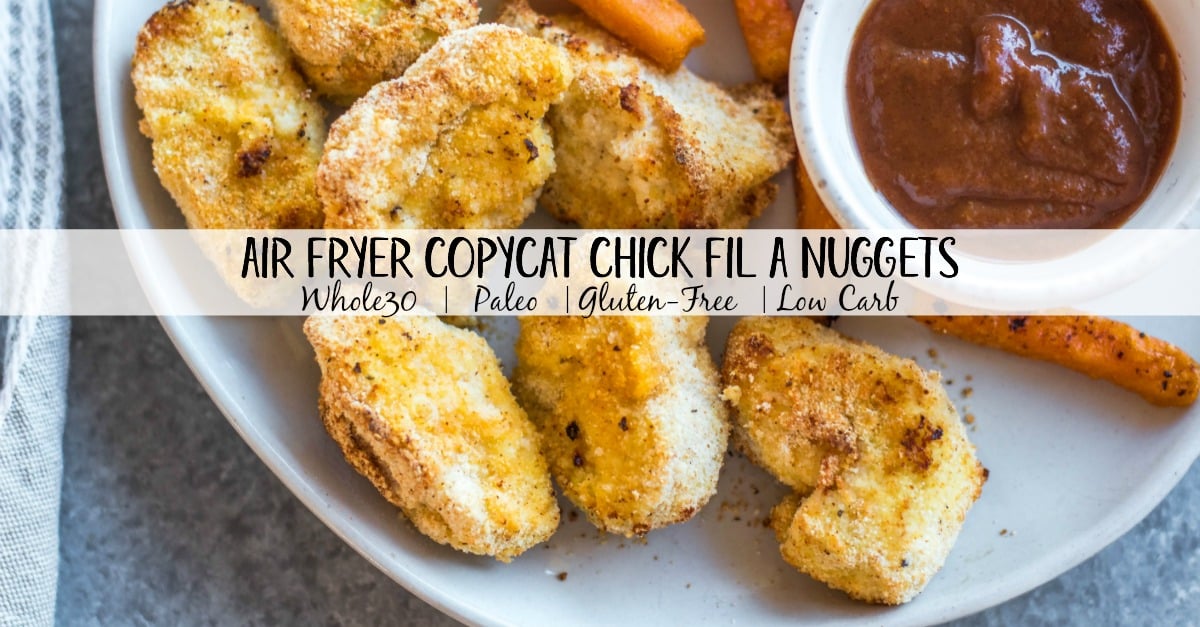 These Whole30 copycat Chick-fil-A chicken nuggets are such a great easy weeknight meal or family friendly go-to recipe for lunch or dinner. They're paleo, low carb, and made with simple ingredients, making them a healthier option than the drive through! These nuggets use pickle brined chicken pieces, then coated in a grain-and gluten-free mixture and cooked in the air fryer to perfection. #whole30airfryer #whole30chickennuggets #chickfilanuggets #glutenfreeairfryer #paleoairfryer #whole30chickenrecipes