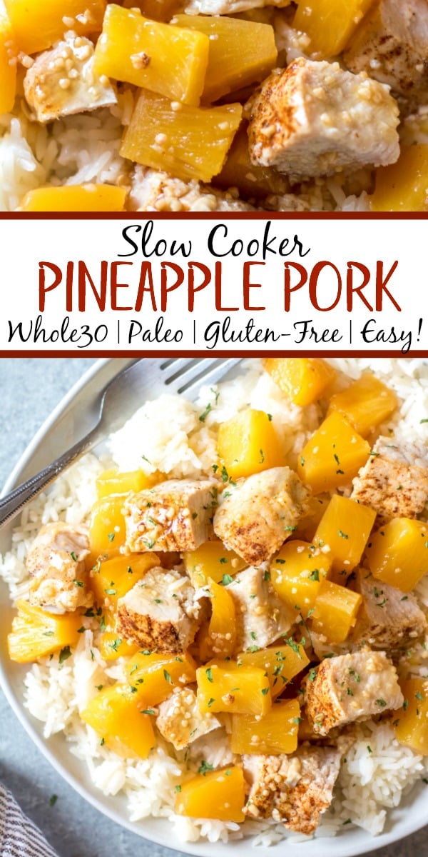 This Whole30 slow cooker pineapple pork only uses a few simple ingredients paired with a pork loin, and a crock pot to create an easy family-friendly weeknight meal or a quick meal prep recipe. It’s so full of flavor, while also being Paleo, gluten-free and dairy-free. This healthy recipe in the slow cooker really couldn’t be easier! #whole30slowcooker #whole30porkloin #paleoslowcooker #whole30crockpot #glutenfreepork #whole30mealprep