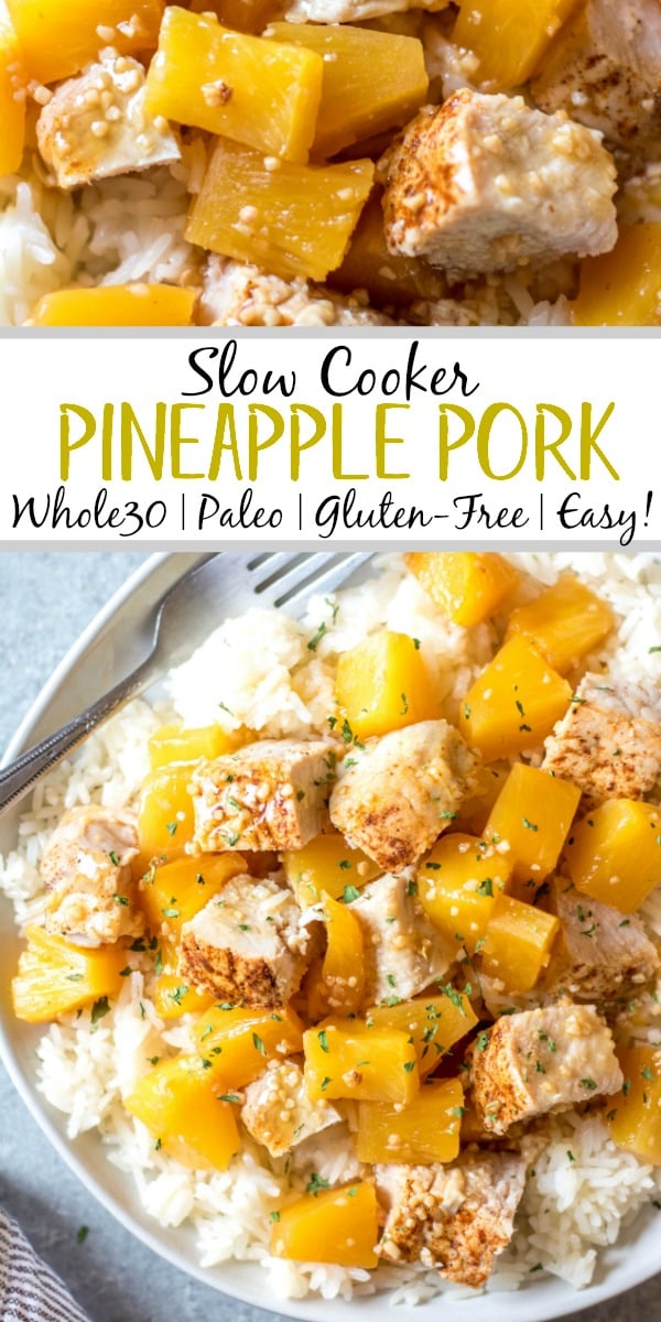 This Whole30 slow cooker pineapple pork only uses a few simple ingredients paired with a pork loin, and a crock pot to create an easy family-friendly weeknight meal or a quick meal prep recipe. It’s so full of flavor, while also being Paleo, gluten-free and dairy-free. This healthy recipe in the slow cooker really couldn’t be easier! #whole30slowcooker #whole30porkloin #paleoslowcooker #whole30crockpot #glutenfreepork #whole30mealprep