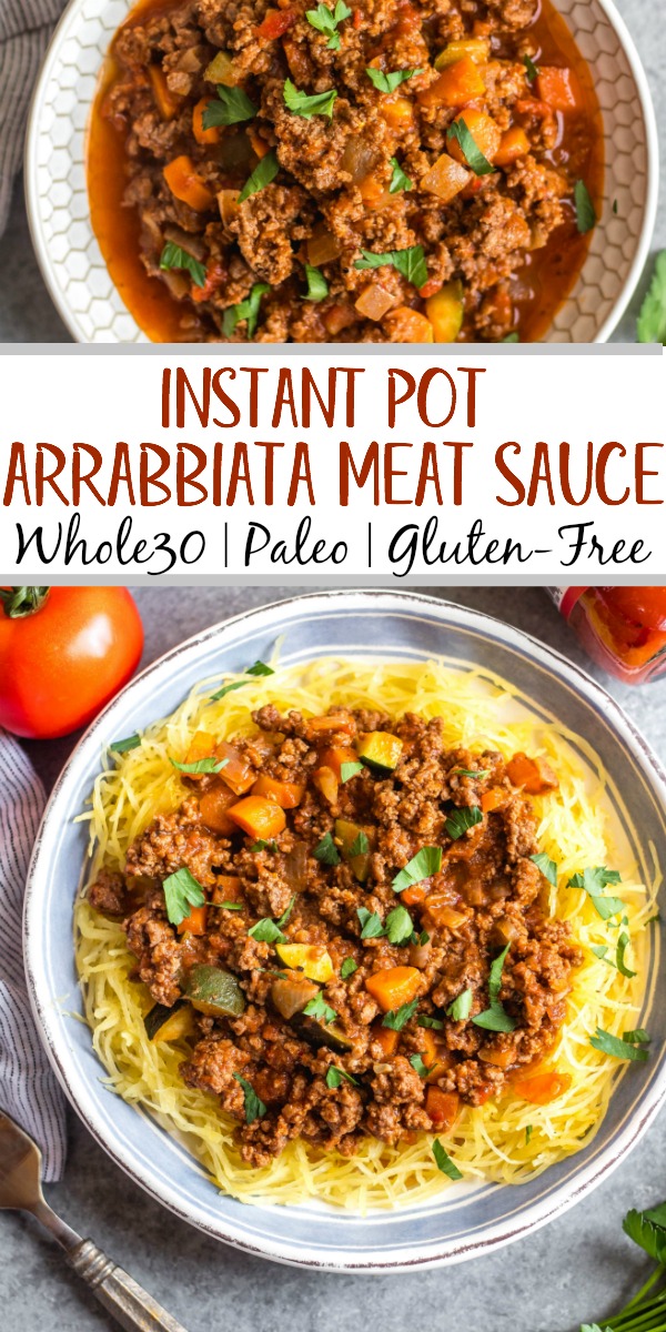 This Whole30 arrabbiata meat sauce with vegetables is made in the instant pot, so everything is cooked in one pot! Made with ground beef and with lots of vegetables snuck in, it's a hearty, cozy and healthy recipe that's great for meal prep. It's also gluten-free, Paleo and low carb/keto. This meat sauce is full of flavor and we love that it's freezer friendly, too. #whole30instantpot #whole30beefrecipes #whole30meatsauce #groundbeefrecipes #paleobeef This Whole30 arrabbiata meat sauce with vegetables is made in the instant pot, so everything is cooked in one pot! Made with ground beef and with lots of vegetables snuck in, it's a hearty, cozy and healthy recipe that's great for meal prep. It's also gluten-free, Paleo and low carb/keto. This meat sauce is full of flavor and we love that it's freezer friendly, too. #whole30instantpot #whole30beefrecipes #whole30meatsauce #groundbeefrecipes #paleobeef