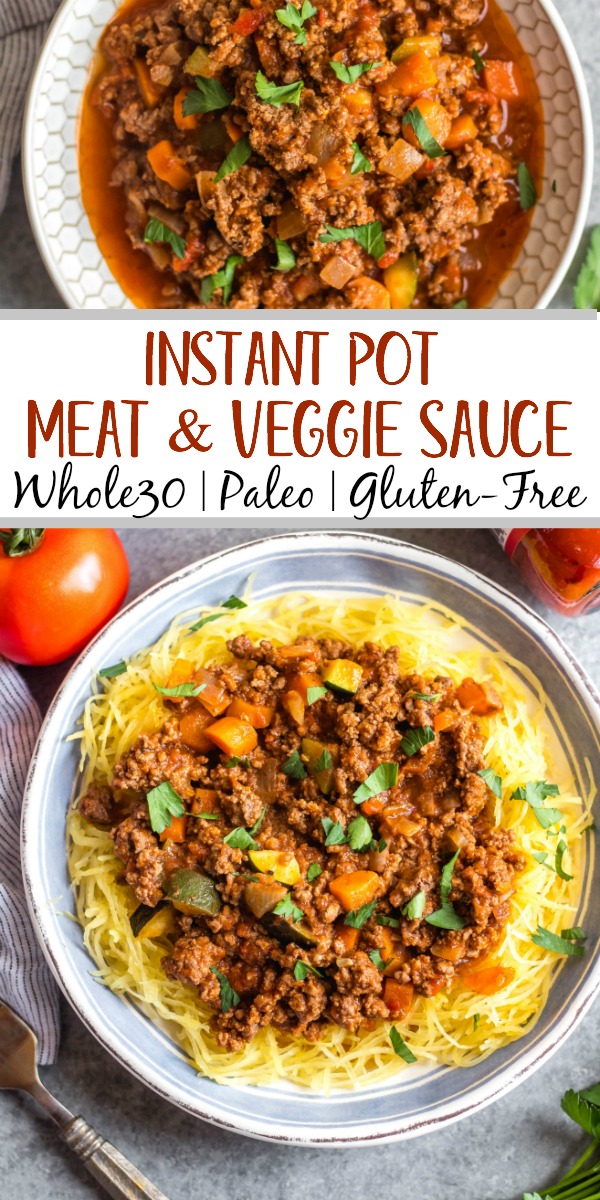 This Whole30 arrabbiata meat sauce with vegetables is made in the instant pot, so everything is cooked in one pot! Made with ground beef and with lots of vegetables snuck in, it's a hearty, cozy and healthy recipe that's great for meal prep. It's also gluten-free, Paleo and low carb/keto. This meat sauce is full of flavor and we love that it's freezer friendly, too. #whole30instantpot #whole30beefrecipes #whole30meatsauce #groundbeefrecipes #paleobeef
