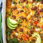 This Whole30 chorizo egg bake is a really simple yet delicious breakfast casserole that is paleo, gluten-free and dairy-free. It can easily be made low carb, and is freezer friendly, too! It doesn't take long to prepare, and is a healthy and easy way to spice up your breakfast routine or meal prep. Packed with vegetables like peppers and hash browns, this is a filling meal that you'll look forward to! #whole30breakfast #whole30casserole #chorizorecipes #whole30pork #whole30mealprep #glutenfreebreakfast