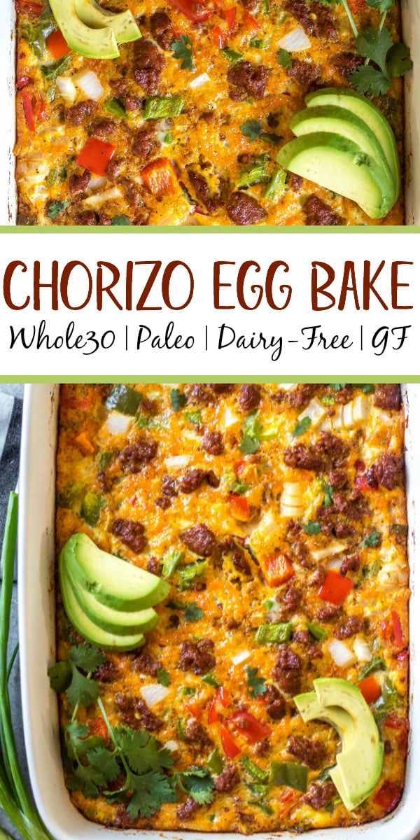 This Whole30 chorizo egg bake is a really simple yet delicious breakfast casserole that is paleo, gluten-free and dairy-free. It can easily be made low carb, and is freezer friendly, too! It doesn't take long to prepare, and is a healthy and easy way to spice up your breakfast routine or meal prep. Packed with vegetables like peppers and hash browns, this is a filling meal that you'll look forward to! #whole30breakfast #whole30casserole #chorizorecipes #whole30pork #whole30mealprep #glutenfreebreakfast