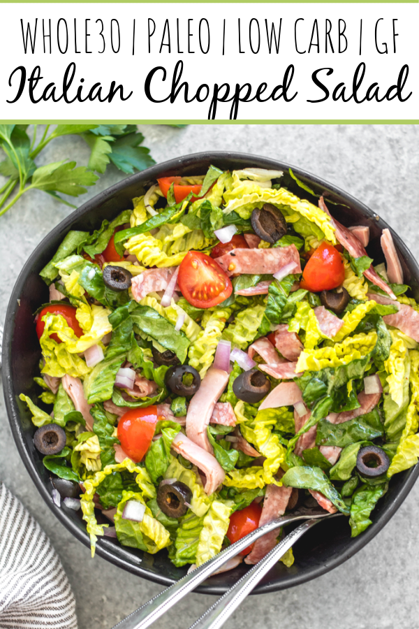 This easy Italian chopped salad is the perfect meal for lunch or dinner that requires no cooking, but is filling, healthy and loaded with vegetables! It's great for a light and fresh lunch, and still delicious enough to serve to guests. It's Whole30, paleo, keto/low carb, and gluten-free, and is a great way to clean all of those vegetables and deli meat out of the fridge! #whole30salad #whole30choppedsalad #ketosalad #lowcarbsalad #italiansalad #whole30recipes