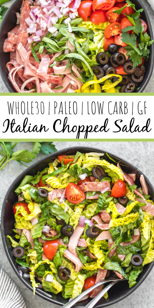 This easy Italian chopped salad is the perfect meal for lunch or dinner that requires no cooking, but is filling, healthy and loaded with vegetables! It's great for a light and fresh lunch, and still delicious enough to serve to guests. It's Whole30, paleo, keto/low carb, and gluten-free, and is a great way to clean all of those vegetables and deli meat out of the fridge! #whole30salad #whole30choppedsalad #ketosalad #lowcarbsalad #italiansalad #whole30recipes