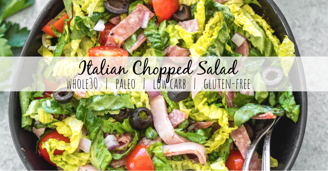 This easy Italian chopped salad is the perfect meal for lunch or dinner that requires no cooking, but is filling, healthy and loaded with vegetables! It's great for a light and fresh lunch, and still delicious enough to serve to guests. It's Whole30, paleo, keto/low carb, and gluten-free, and is a great way to clean all of those vegetables and deli meat out of the fridge! #whole30salad #whole30choppedsalad #ketosalad #lowcarbsalad #italiansalad #whole30recipes