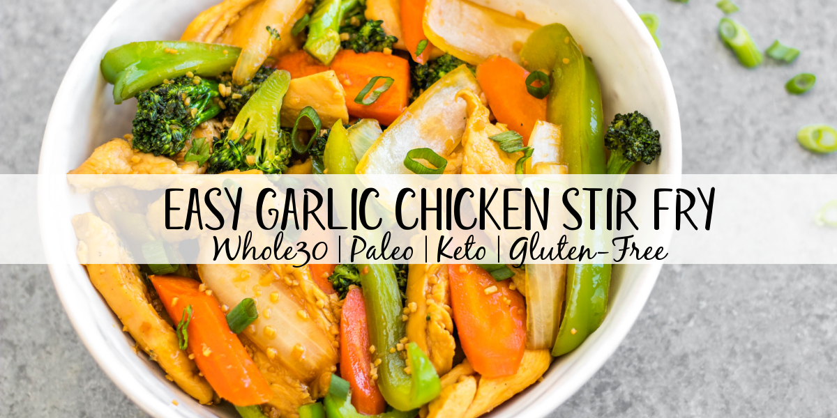 This easy garlic chicken stir fry gets dinner ready to eat in 30 minutes. It's incredibly simple to make for a weeknight meal, full of vegetables like broccoli, carrots and onion, and makes great leftovers for lunch meal prep. This is a family friendly Whole30, paleo, low carb and gluten-free recipe that everyone will love! The sauce is made from only a few pantry staple ingredients, making this a budget friendly one pot recipe, too. #whole30stirfry #garlicchicken #ketochicken #whole30chicken #whole30dinner #lowcarbchicken