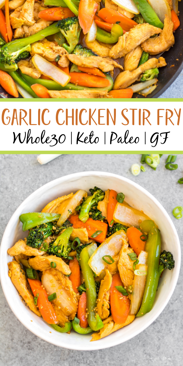 This easy garlic chicken stir fry gets dinner ready to eat in 30 minutes. It's incredibly simple to make for a weeknight meal, full of vegetables like broccoli, carrots and onion, and makes great leftovers for lunch meal prep. This is a family friendly Whole30, paleo, low carb and gluten-free recipe that everyone will love! The sauce is made from only a few pantry staple ingredients, making this a budget friendly one pot recipe, too. #whole30stirfry #garlicchicken #ketochicken #whole30chicken #whole30dinner #lowcarbchicken