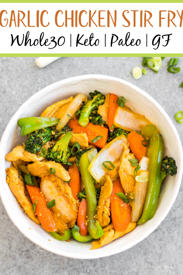 This easy garlic chicken stir fry gets dinner ready to eat in 30 minutes. It's incredibly simple to make for a weeknight meal, full of vegetables like broccoli, carrots and onion, and makes great leftovers for lunch meal prep. This is a family friendly Whole30, paleo, low carb and gluten-free recipe that everyone will love! The sauce is made from only a few pantry staple ingredients, making this a budget friendly one pot recipe, too. #whole30stirfry #garlicchicken #ketochicken #whole30chicken #whole30dinner #lowcarbchicken