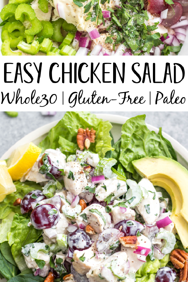 This classic chicken salad is an easy meal prep recipe that's Whole30, Paleo, gluten-free and low carb! It's made with grapes, celery and mayo and only a few other simple ingredients, making it a quick option to throw together, and is a great way to use leftover chicken. It's perfect for storing in the fridge and enjoying over greens for lunches, for a gathering, or a family meal that takes under 30 minutes to make! #whole30recipes #whole30chickensalad #classicchickensalad #ketochickensalad #lowcarbchicken #whole30chickenrecipes #chickensaladwithgrapes