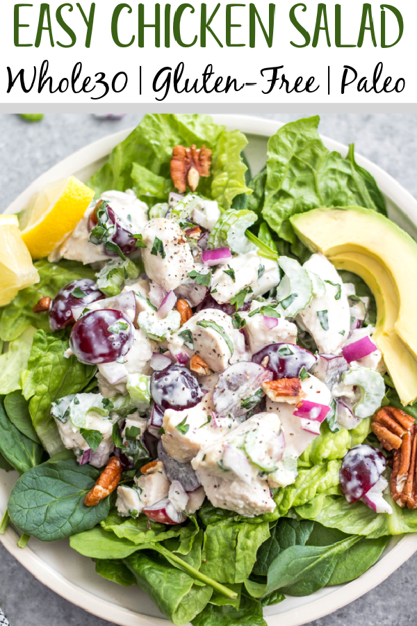 This classic chicken salad is an easy meal prep recipe that's Whole30, Paleo, gluten-free and low carb! It's made with grapes, celery and mayo and only a few other simple ingredients, making it a quick option to throw together, and is a great way to use leftover chicken. It's perfect for storing in the fridge and enjoying over greens for lunches, for a gathering, or a family meal that takes under 30 minutes to make! #whole30recipes #whole30chickensalad #classicchickensalad #ketochickensalad #lowcarbchicken #whole30chickenrecipes #chickensaladwithgrapes