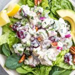 This classic chicken salad is an easy meal prep recipe that's Whole30, Paleo, gluten-free and low carb! It's made with grapes, celery and mayo and only a few other simple ingredients, making it a quick option to throw together, and is a great way to use leftover chicken. It's perfect for storing in the fridge and enjoying over greens for lunches, for a gathering, or a family meal that takes under 30 minutes to make! #whole30recipes #whole30chickensalad #classicchickensalad #ketochickensalad #lowcarbchicken #whole30chickenrecipes #chickensaladwithgrapes