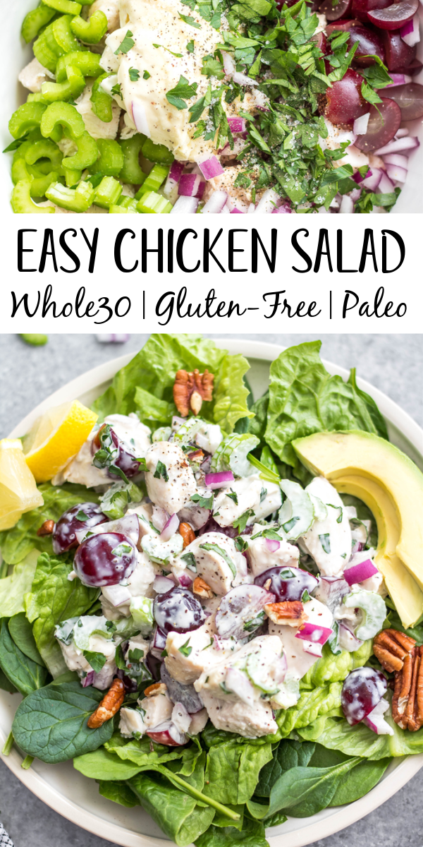 This classic chicken salad is an easy meal prep recipe that's Whole30, Paleo, gluten-free and low carb! It's made with grapes, celery and mayo and only a few other simple ingredients, making it a quick option to throw together, and is a great way to use leftover chicken. It's perfect for storing in the fridge and enjoying over greens for lunches, for a gathering, or a family meal that takes under 30 minutes to make! #whole30recipes #whole30chickensalad #classicchickensalad #ketochickensalad #lowcarbchicken #whole30chickenrecipes #chickensaladwithgrapes