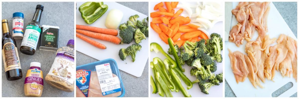 ingredients, chopping, cooking process of garlic chicken stir fry