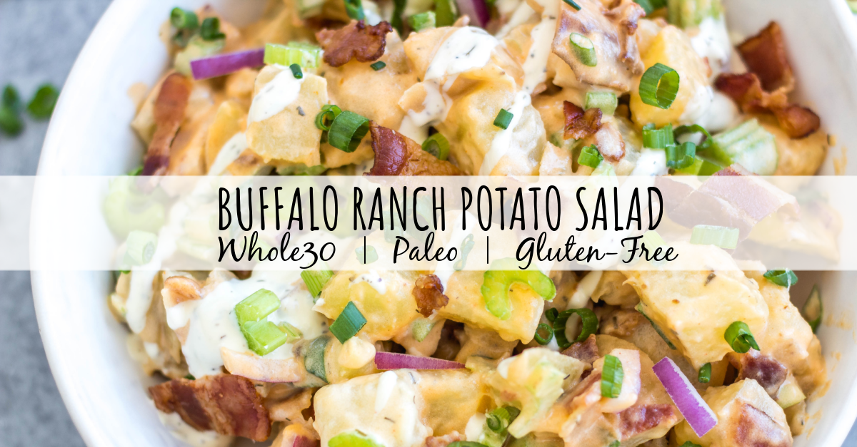 This Whole30 buffalo ranch potato salad recipe is a healthy, easy side dish or vegetable recipe that's a perfect addition to any meal or gathering. It's full of flavor from the sauces, bacon, golden potatoes, onion and celery, while being dairy-free, gluten-free and Paleo. It's a family friendly recipe that is also great for meal prep to pair with a protein and eat all week long. #whole30potato #buffalo #ranchrecipes #whole30potatosalad #bacon #whole30vegetablerecipes